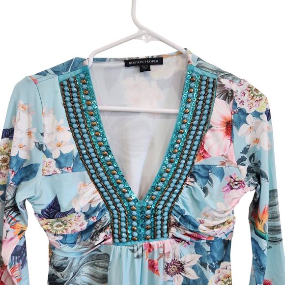 Boston Proper Floral Flower Beaded Embellished Boho Blouse V-Neck Multi Size XS - Picture 3 of 8